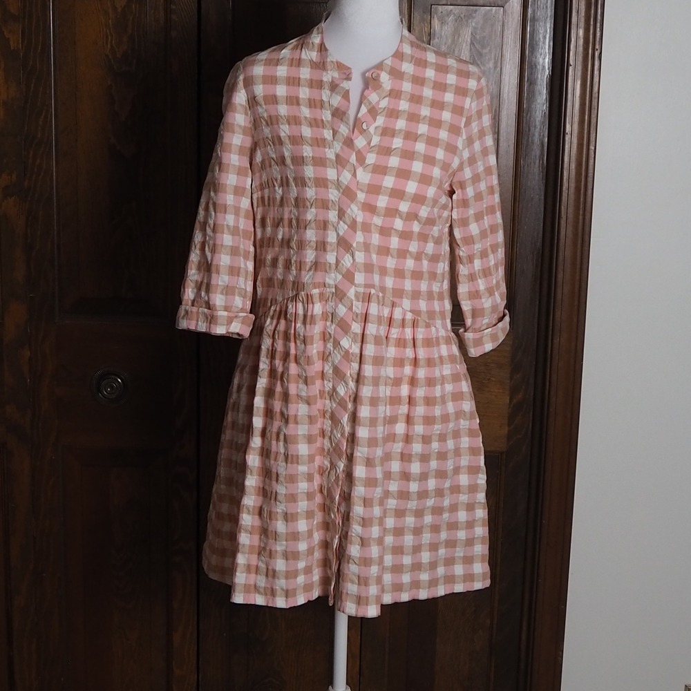 Tuckernuck Gingham Plaid Shirt Dress Women's XS Pink Tan Seersucker Button Front